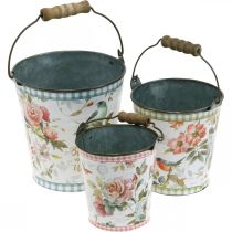 Balde de metal com aparência vintage, decoração de primavera, balde para plantas, decoração de metal H15 / 11 / 9,5 cm conjunto de 3
