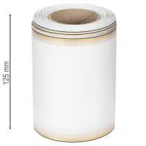 Itens Fita decorativa elegante em moiré para guirlandas, 125 mm, branca com borda dourada - Fita decorativa de alta qualidade para arranjos florais e celebrações.