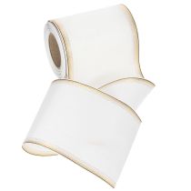Itens Fita decorativa elegante em moiré para guirlandas, 125 mm, branca com borda dourada - Fita decorativa de alta qualidade para arranjos florais e celebrações.