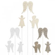 Anjo do plugue do advento, asas para furar, anjo de madeira, decoração de Natal, branco, glitter dourado 18pcs