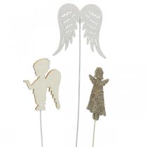 Itens Anjo do plugue do advento, asas para furar, anjo de madeira, decoração de Natal, branco, glitter dourado 18pcs