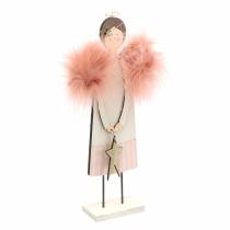 Anjo com asas de penas rosa 28cm madeira