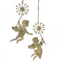 Anjo com dente-de-leão, decoração de Natal, pingente de decoração, decoração de metal dourada aparência antiga H16 / 15cm 4 unidades