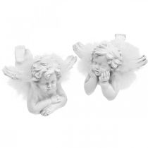 Anjo deitado, decoração de Natal, decoração de anjo com penas, Advento branco H8 / 8,5cm C14 / 12,5cm conjunto de 2