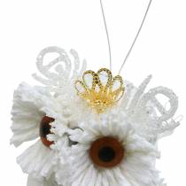 Coruja decorativa com coroa para pendurar branco, glitter 6,5 × 8cm 6pcs.