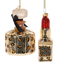 Itens Enfeite de árvore de Natal: frasco de perfume e batom com estampa de leopardo, 11 cm, 2 peças