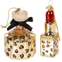 Itens Enfeite de árvore de Natal: frasco de perfume e batom com estampa de leopardo, 11 cm, 2 peças