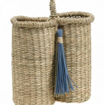 Porta-garrafas em ervas marinhas, cesto para garrafas entrançado, decoração de varanda, cesto decorativo para pendurar natureza, azul A20cm L22cm