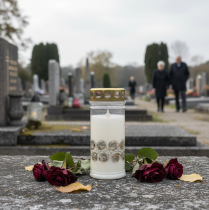 Itens Vela grave rosas brancas luz de luto dourada Ø7cm Alt.18cm 77h