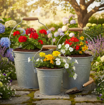 Itens Conjunto de 3 baldes decorativos de metal com efeito ferrugem vintage, Ø15/17,5/22 cm.