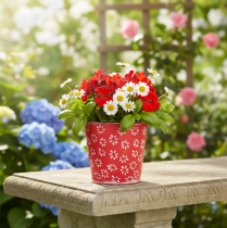 Itens Mini vaso de flores vermelho e branco, com estampa floral, em metal, Ø10,5cm A10,5cm