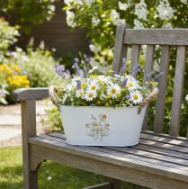 Itens Tigela decorativa oval de metal, branca com decoração floral natural, 26 cm de comprimento.