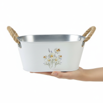 Itens Tigela decorativa oval de metal, branca, com estampa floral natural, 26 cm de comprimento.
