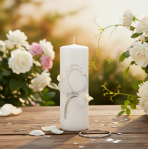 Itens Vela festiva para casamento com um elegante design de coração, detalhes prateados e fita de organza – ideal para casamentos e bodas de prata, 240/80mm