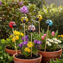 Itens Conjunto de 16 figuras decorativas de joaninhas para vasos e arranjos florais de primavera, 32 cm de altura.