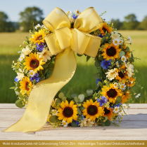 Itens Fita para coroa de flores em moiré, amarela com detalhes dourados, 125 mm x 25 m - Fita de luto de alta qualidade, fita decorativa, fita para laço.