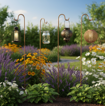 Itens Vara com gancho, decoração de jardim em metal cor ferrugem, 80 cm de altura, 3 peças