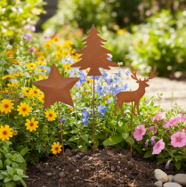 Itens Estaca de jardim em aço corten, com desenho de veado, estrela e pinheiro, 10/15 cm de altura, conjunto com 3 peças.