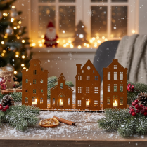 Itens Castiçal de Natal com luzes em formato de casinha, cor ferrugem, 52 x 12 cm