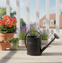 Itens Regador decorativo vintage em metal, preto e verde-oliva, 60x19x38cm, ideal para varanda ou jardim de inverno.