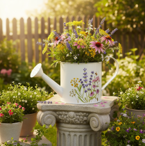 Itens Regador de metal branco com motivo floral, 13,5 cm, vaso decorativo.