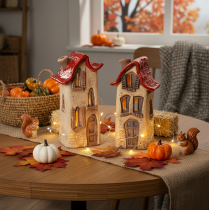 Itens Casinha decorativa de cerâmica com telhado vermelho, iluminada, 15 cm, 2 peças