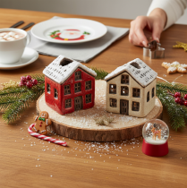 Itens Castiçal de cerâmica, casinha decorativa com neve para decoração de mesa, 7 cm, 2 peças