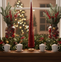 Itens Árvore de Natal decorativa moderna e esguia sobre base de madeira, 80 cm
