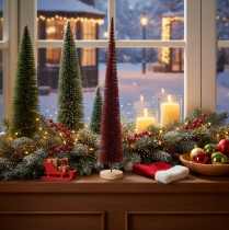 Itens Árvore de Natal decorativa, figura esguia de árvore sobre base de madeira, 60 cm