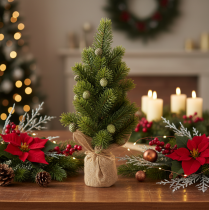 Itens Árvore de Natal artificial em saco de juta, pequena decoração de mesa, mini árvore de Natal, 38 cm
