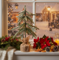 Itens Planta artificial com neve, árvore de Natal LED em saco de juta, funciona a pilhas, para uso interior, 50 cm