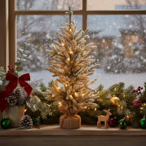 Itens Árvore de Natal artificial com neve artificial, em saco de juta, 40 LEDs, para uso interno, 85 cm