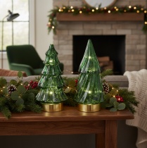 Itens Árvore de Natal de vidro com luzes LED, decoração de mesa, Natal, 13 cm, 2 peças