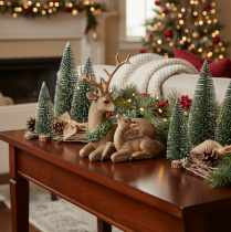 Itens Estatueta decorativa de uma família de cervos com neve, representando um cenário de inverno, 17 cm