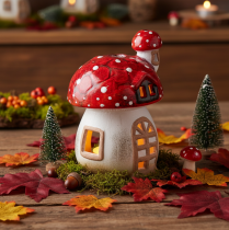 Itens Casinha decorativa em forma de cogumelo para vela pequena, pintada à mão com torre, 21 cm
