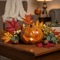 Itens Abóbora de cerâmica com LED para decoração de Halloween (pequena, 10 cm)