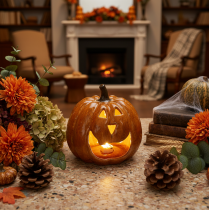 Itens Abóbora de cerâmica decorativa de Halloween com LED, 15 cm