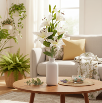 Itens Lírios artificiais, 6 flores brancas, ramo florido realista, 66 cm