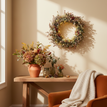 Itens Coroa artificial de eucalipto, decoração de outono, redonda, 45 cm