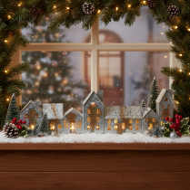 Itens Casinhas iluminadas, decoração de janela, luminárias prateadas, lanterna de metal com aparência antiga, 67,5 cm de comprimento x 20 cm de altura.