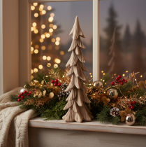 Itens Pequena árvore de Natal decorativa flocada, para decoração de mesa, 44 cm