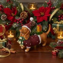 Itens Estatueta decorativa de dachshund com embalagem para presente e chapéu, 18 cm