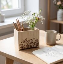 Itens Caixa de madeira porta-canetas organizador de mesa natural 14×8×12cm