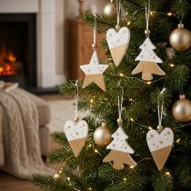 Itens Enfeites de Natal de madeira: estrela, árvore e coração, 6 peças, pingentes decorativos brancos e dourados.
