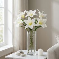 Itens Flores artificiais de lírio-tigre branco para vasos e arranjos, ramo de 29 cm com 6 unidades.