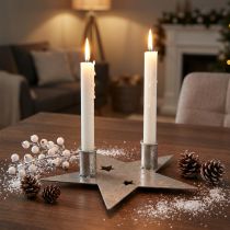 Itens Decoração de vela estrela, decoração de metal, castiçal para 2 velas cônicas prata, aparência antiga 23cm × 22cm