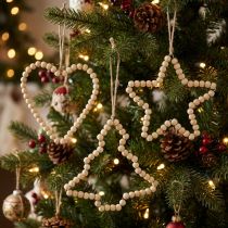 Itens Enfeites de Natal: contas de madeira, coração, estrela, árvore, 13 cm de altura, 6 peças