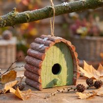 Itens Casa de passarinho decorativa suspensa com telhado redondo madeira verde marrom 16,5×10×17cm