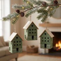 Itens Conjunto de 4 enfeites de feltro decorativos em formato de casinha, verde natural, para decoração de Natal.