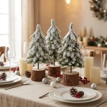 Itens Mini árvore de Natal com base de madeira verde branco Ø8cm Alt.18cm 3 unidades